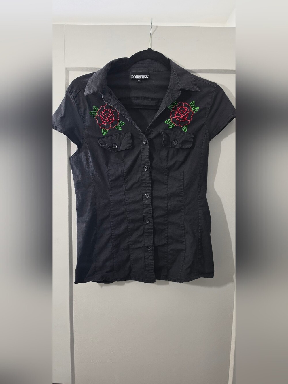Sourpuss Black Short-Sleeve Button-Down with Red Rose Embroidery